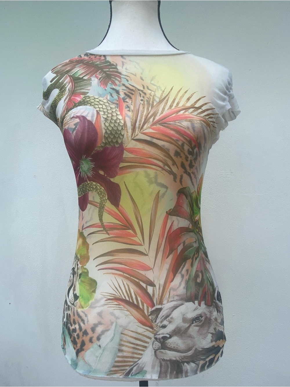 AFRM White Multicolor Jungle Anmal Print Mesh Tee Size Small
